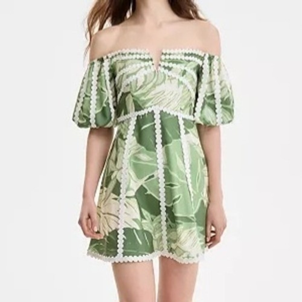 Rachel Roy Circle Trim Off The Shoulder Green Leaf Short Dress Women Size 6 NWT